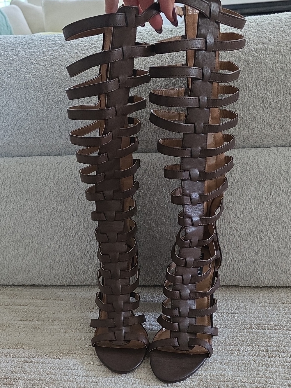 Izabella Rue Brown Strappy Knee Height Gladiator Boots